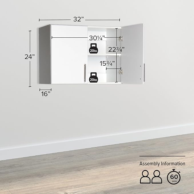 Prepac White Cabinet: Elite Wall Cabinet, WEW-3224 Garage Cabinet with Storage Shelf, Stackable 16"D x 32"W x 24"H, Perfect as a Garage Storage Cabinet with Doors and Shelves