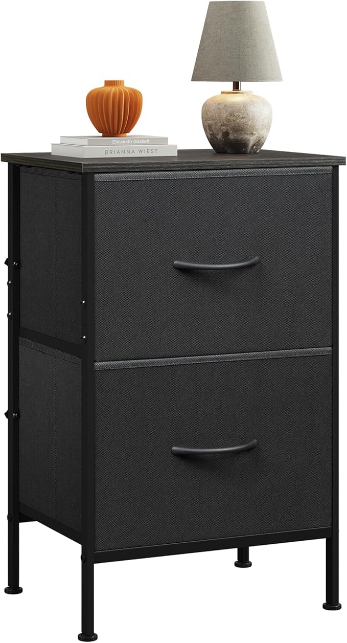 WLIVE Black Night Stand, Nightstand with 2 Drawers, Small Dresser for Bedroom, Bedside Table Furniture, College Dorm, End Table with Fabric Bins, Size L 24.9" H
