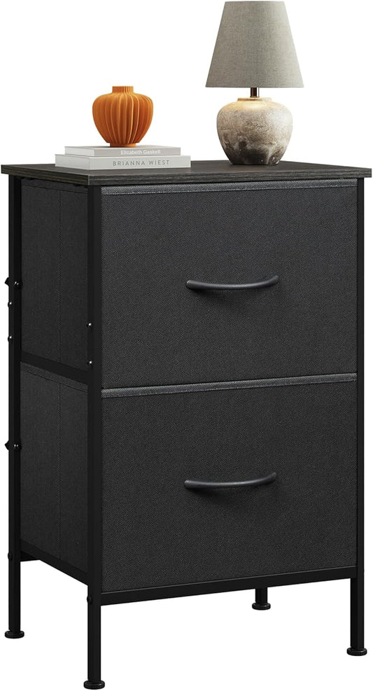 WLIVE Black Night Stand, Nightstand with 2 Drawers, Small Dresser for Bedroom, Bedside Table Furniture, College Dorm, End Table with Fabric Bins, Size L 24.9" H