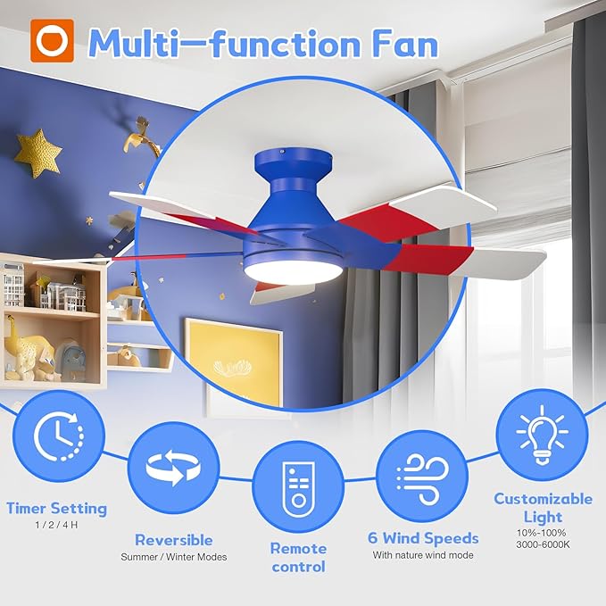 addlon Ceiling Fans with Lights, 42 Inch Low Profile Kids Ceiling Fan, Boy's Fan with Remote, Reversible, 3CCT, Dimmable, Quiet, Blue Small Ceiling Fan for Kids Room, Bedroom Indoor/Outdoor Use