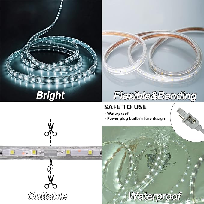 SURNIE 150ft LED Rope Lights Outdoor Waterproof: 110V Daylight White Dimmable Flat Strip Light 6500K Cuttable Connectable for Stairs Deck Backyards Commercial Indoor Outdoor Lighting, Not Tube Rope