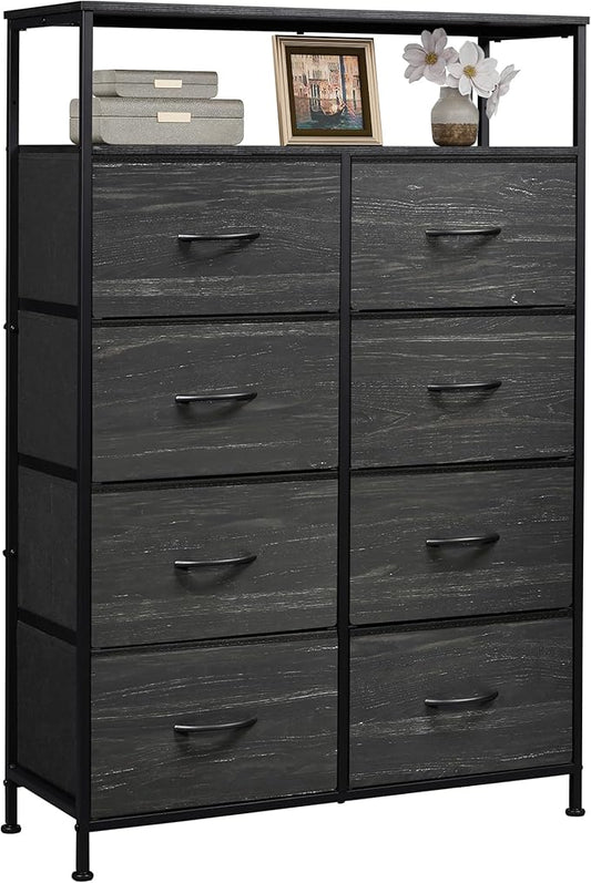 WLIVE Fabric Dresser for Bedroom with Open Shelves, Tall Dresser with 8 Drawers, Storage Tower with Fabric Bins, Chest of Drawers for Closet, Living Room, Hallway, Charcoal Black Wood Grain Print