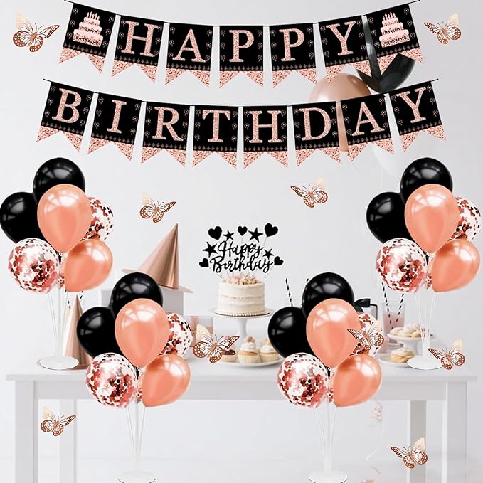 Rose Gold Black Birthday Decorations for Girls Women - 54pcs Happy Birthday Banner, Crown Sash, Cake Topper, Confetti balloons, 3D Butterflies Decor, 4 Balloon Stands kits
