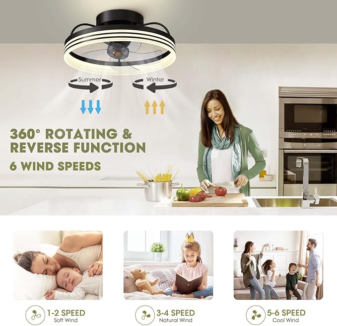 Ceiling Fans with Lights, 360° Rotating Ceiling Fan with Lights and Remote, 6 Wind Speeds Smart Low Profile Ceiling Fan for Bedroom, Kids Room and Living Room 20"