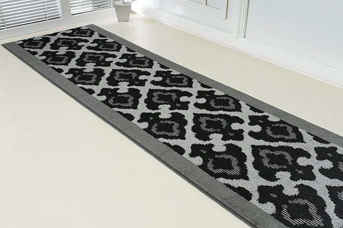 Custom Length Cut to Size Fleur de Lis Inspired Carpet Runner Rug for Hallways, Non Slip Rubber Backed, 31 inch Wide X Customized Length, Royal Grey, 31 inch X 4 feet, Doormat Size