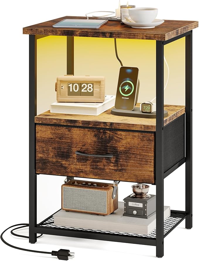 Fixwal Night Stand with Charging Station, LED Nightstand with Fabric Drawers, End Table with PU Finish, Bedside Table, Rustic Brown
