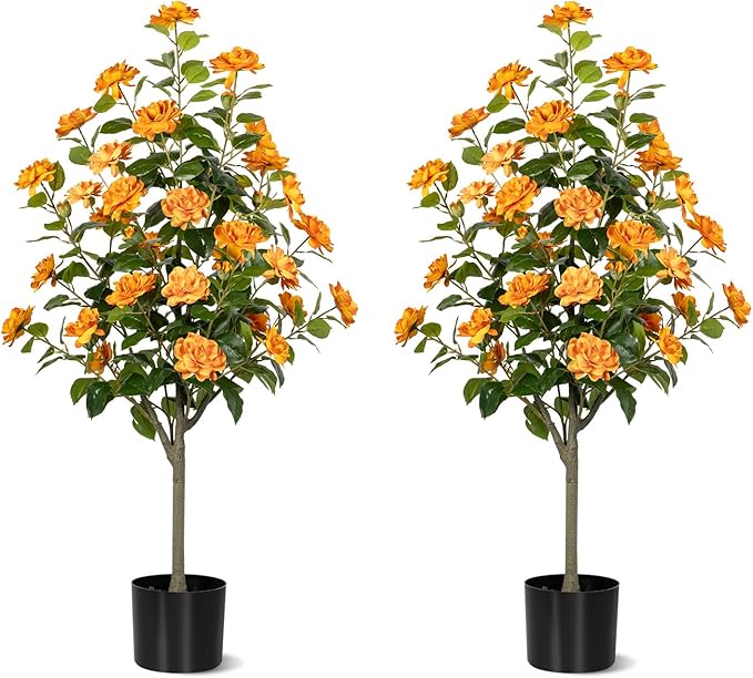 Artificial Camellia Tree 2 Pack, Artificial Plants Outdoor Faux Floral Plant in Cement Pot Fake Silk Camellia Tree Plants for Home House Living Room Office Decor