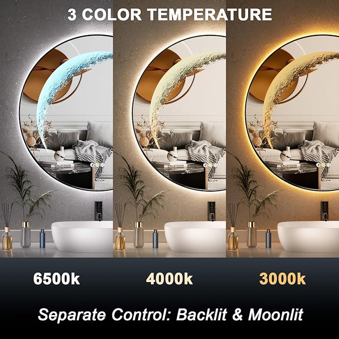 24'' Round Bathroom Mirror with Light, Black Circle Mirror with Backlit & Half Moon Light, Anti-Fog, Dimming Wall-Mounted LED Vanity Mirrors for Bathroom, Home Decor, Entryway