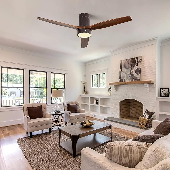 Sofucor 52 Inch Ceiling Fans with Lights, Indoor/Outdoor Ceiling Fan with Light and Remote, Quiet DC Reversible, Dimmable, Flush Mount, 3 Blade Solid Wood Ceiling Fans or Patio Bedroom Farmhouse