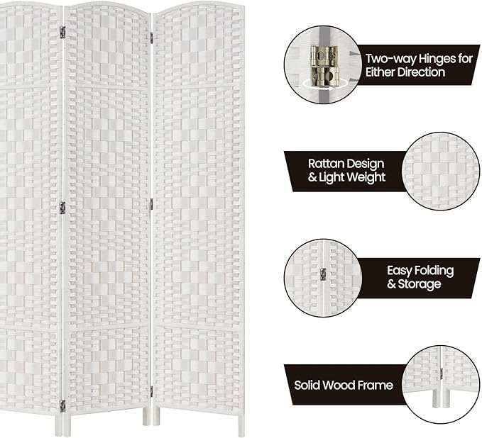 Rose Home Fashion Room Divider, 6 ft Tall Room Dividers and Folding Privacy Screens, 16in Privacy Screen 6 Panel White Space Temporary Wall Foldable Partition Separation