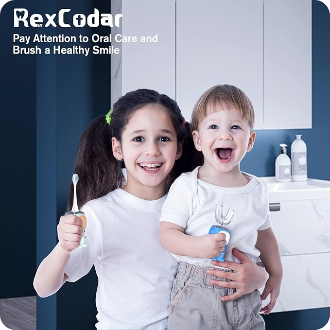 Ultrasonic Kid's U-Shaped Electric Toothbrush, IPX7 Waterproof, Five Cleaning Modes, 60S Smart Reminder (Cartoon Astronaut, Green Ages 2-6)