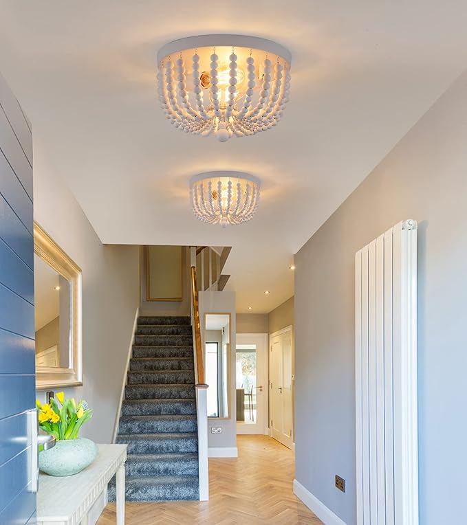 Q&S White Flush Mount Ceiling Light Fixtures,2-Lights Wood Beaded Boho Chandeliers for Nursery Baby Bedroom Dining Room Living Room Kitchen Hallway W11.81