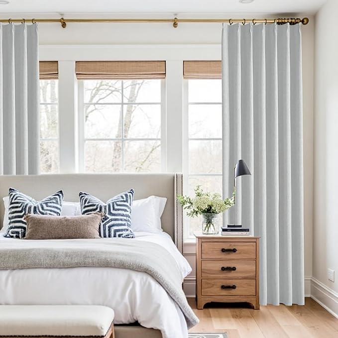 KangBang Extra Wide Pinch Pleated Blackout Curtains 84 Inch Length 2 Panels Set, Thermal Insulated Linen Curtains for Sliding Door Living Room, Farmhouse Pleat Draperies with Hooks,60x84, Light Grey