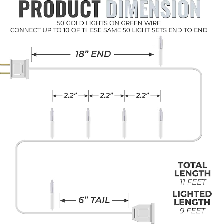 612 Vermont 50 Clear Christmas Lights on White Wire, UL Approved for Indoor/Outdoor Use, 9 Foot of Lighted Length, 11 Foot of Total Length