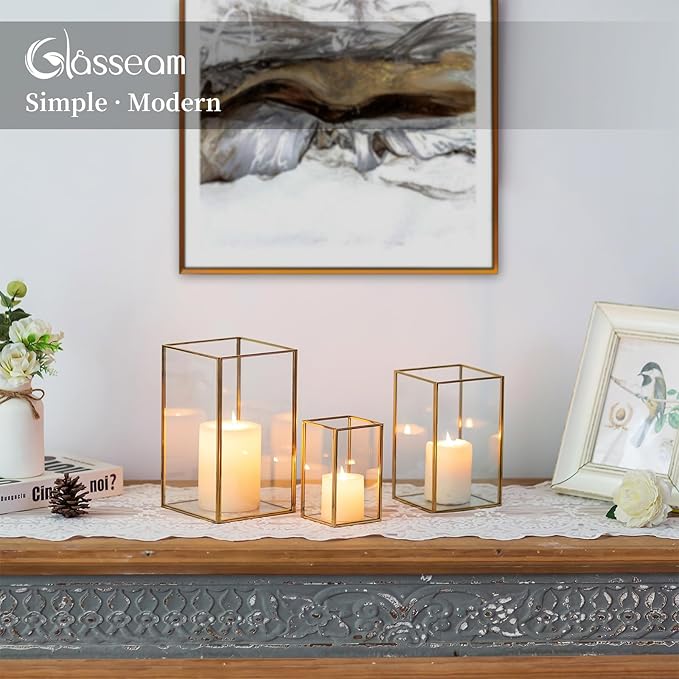 Glasseam Glass Hurricane Candle Holder: Set of 3 Gold Square Candle Holders for Pillar Candles Large for Table Centerpiece Wedding Christmas Decorative