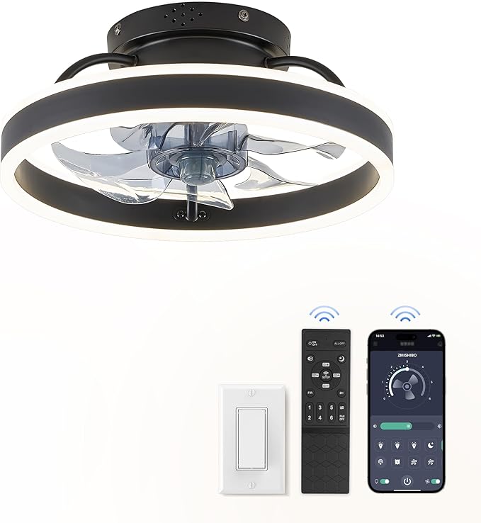 ZMISHIBO Low Profile Ceiling Fans with Lights and Remote, 13 Inch Fandelier Ceiling Fan with Light, Black Modern Flush Mount Ceiling Fan, Small Dimmable LED Fan Lights for Bedroom