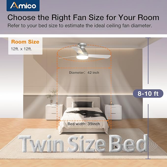 Amico Ceiling Fans with Lights, 42 inch Low Profile Ceiling Fan with Light and Remote Control, Flush Mount, Reversible, 3CCT, Dimmable, Noiseless, Silver Ceiling Fan for Bedroom, Indoor/Outdoor Use