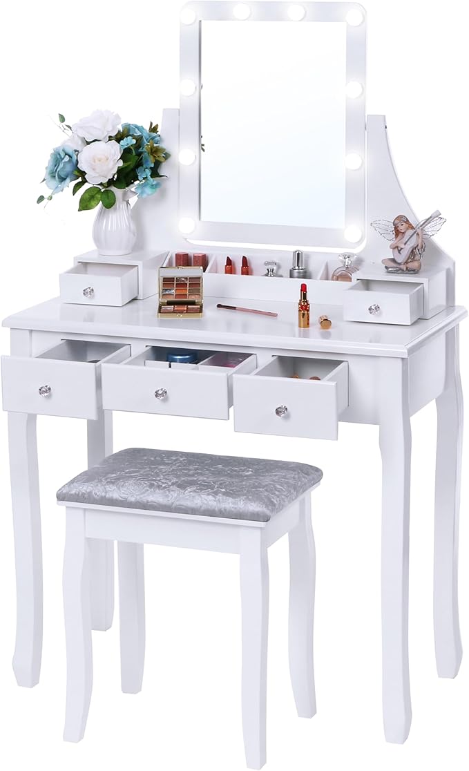 BEWISHOME Makeup Vanity Desk with Lights,Girls Vanity Set with Mirror and Stool,Small Vanity Desk with 5 Drawers,3 Light Settings,Adjustable Brightness,Dressing Table for Bedroom,White FST08W