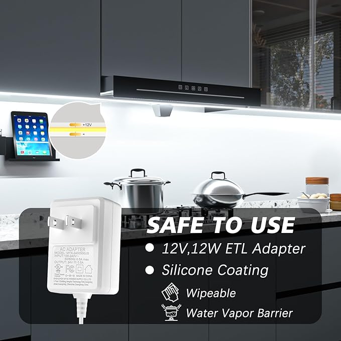 WOBANE Under Cabinet Lighting,Flexible COB LED Strip Light,Under Counter Lights for Kitchen,Mirror,Ceiling,Room,TV,Shelf,Cupboard,Desk,Showcase,ETL Listed,6.6ft,640LEDs,6000K White,900lm