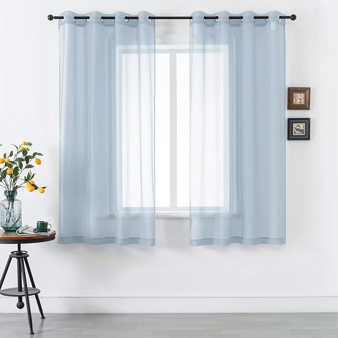 DUALIFE 45 Inches Long Dusty Blue Voile Sheer Curtains for Nursery 2 Panels Grommet Small Windows Short Drapes Solid Blue Sheer Curtains for Bathroom Boys Bedroom 52 X 45 Inch Long