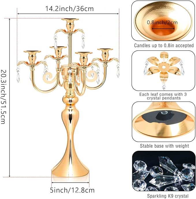 20.3'' Tall 5 Arm Candelabra Centerpiece for Table, Metal Elegant Candle Holder, Retro Candlestick Table Centerpieces for Party, Events, Home, Wedding Decor (4, Gold)