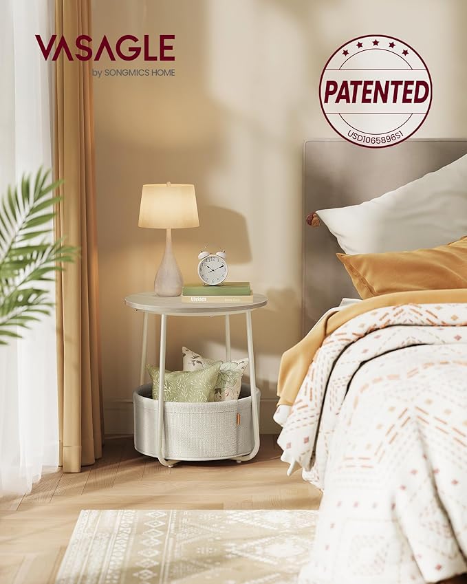 VASAGLE LILEA Collection - Small Round Side End Table, Modern Nightstand with Fabric Basket, Cream White ULET223K67