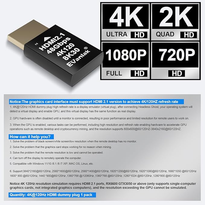4K 120Hz HDMI 2.1 Dummy Plug edid Headless – High-Resolution Virtual Display Emulator for PC, VR Headsets Cryptocurrency Mining | Supports 8K @30Hz, Headless Ghost Display Adapter-5P