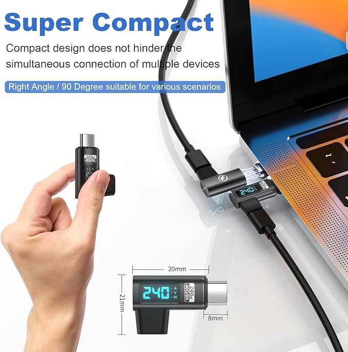 Digital Display USB C Magnetic Adapter Right Angle PD240W 24Pin(2 Pack)Voltage Current Power LED Display, Type C Power Meter Tester 90 Degree USBC 4 40Gbps 8K 60Hz for Thunderbolt 3/4, MacBook Pro/Air