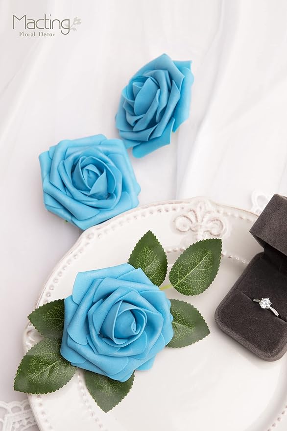 MACTING Artificial Flower Roses 30PCS Real Touch Fake Foam Roses with Stem Fake Flowers for DIY Wedding Bridal Bouquets Party Baby Shower Home Indoor Outdoor Spring Mothers Day Decor(Dark Teal Blue)