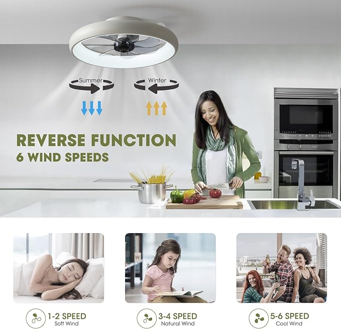 Ceiling Fans with Lights and Remote, 20'' Low Profile Flush Mount, 6 Wind Speeds, Modern Dimmable LED Ceiling Fan, Smart Ceiling Fan for Bedroom, Kids Room (White)