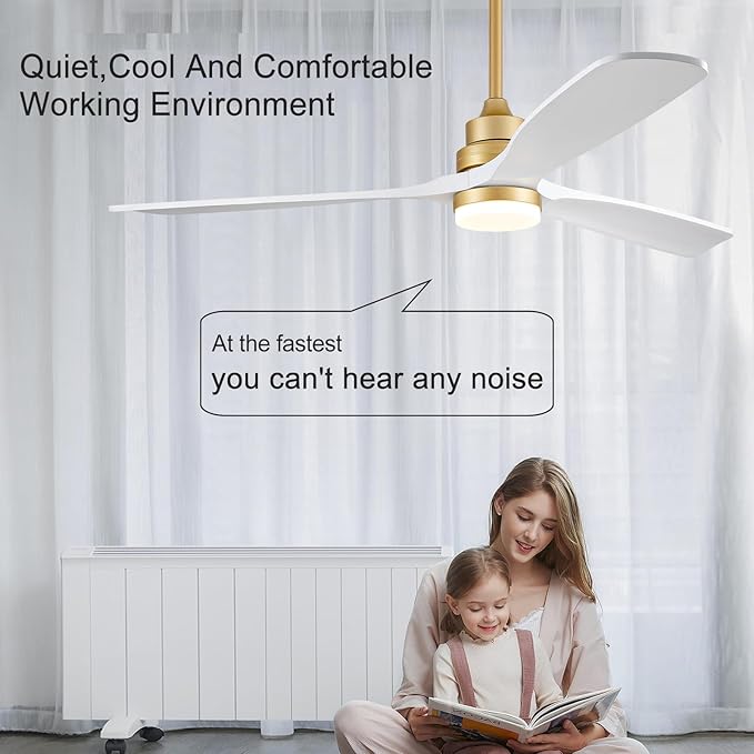 BOJUE 60 Inch Wood Ceiling Fans with Lights and Remote, White Gold Outdoor Ceiling Fan with Light, Dimmable 3 Blades Outdoor Fans for Patios Noiseless Modern Ceiling Fans for Bedroom Living Room