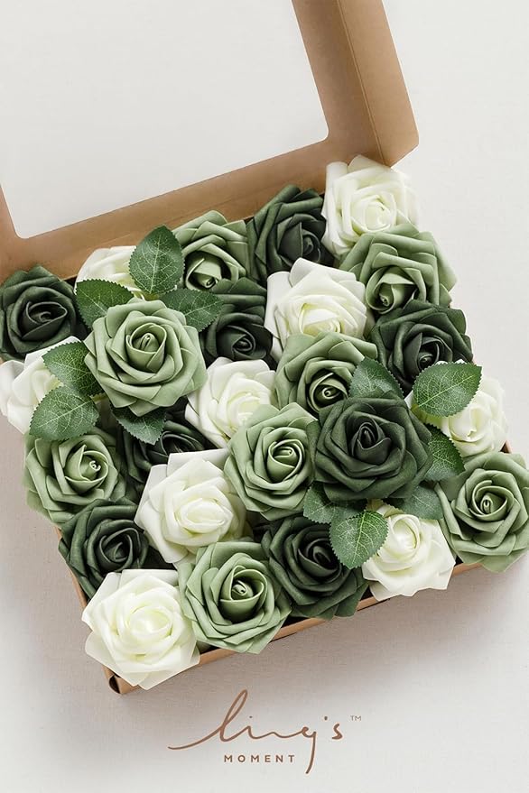 Ling's moment Artificial Flowers 25Pcs Emerald Green Mix Roses Decor w/Stems,3" Real Touch DIY Foam Floral for Wedding Bouquet/Centerpieces, Outdoors Party Backdrop, Room/Table, and Garden/Pot Decor