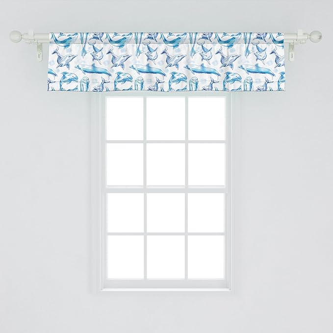 Ambesonne Sea Animals Window Valance, Sketch of Bottlenose Dolphins Playing Laughing in The Ocean Sea Life Print, Curtain Valance for Kitchen Bedroom Decor with Rod Pocket, 54" X 12", Turquoise White