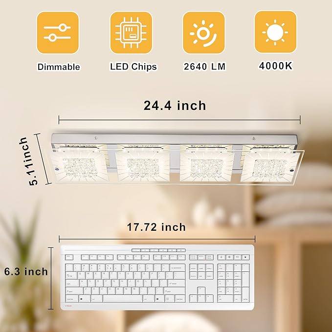 Flush Mount Ceiling Light Crystal Ceiling Light Fixture 24IN Long Rectangle Lighting Fixtures Ceiling Dimmable LED Ceiling Lights for Kitchen, Bathroom, Hallway, Living Room