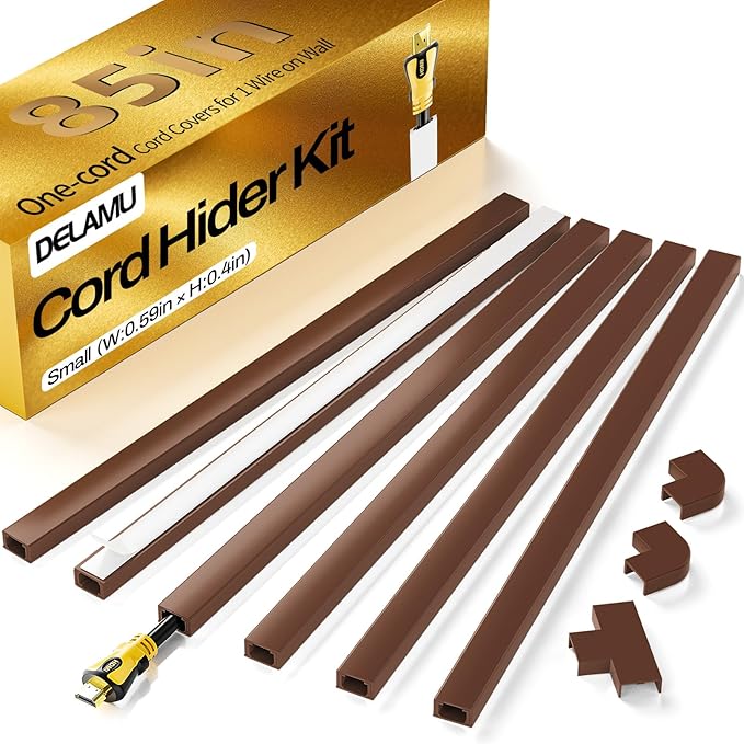 Delamu Cord Hider, 85in Cord Covers for Wires on Wall, One-Cord Cable Hider, Self-Adhesive Wire Hiders Wire Covers for TV Cords on Wall, Paintable Cable Cover Management Kit, W0.59 H0.4in, Brown