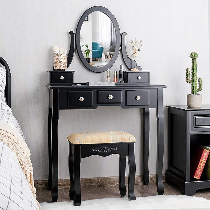 CHARMAID Vanity Table Set with Rotatable Oval Mirror, Bedroom Makeup Table with 5 Drawers for Women Girls, Dressing Table with Cushioned Stool (Black)