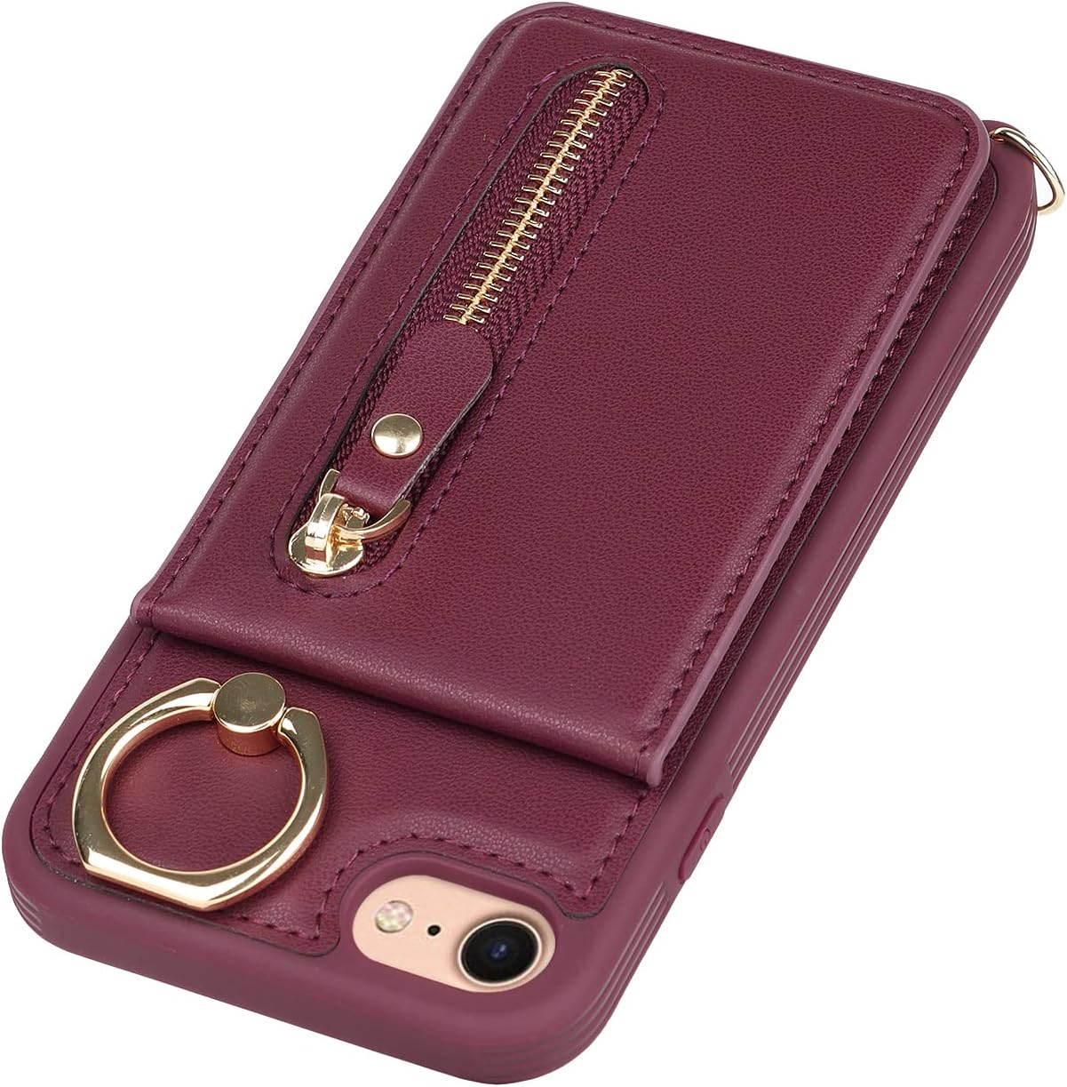 iPhone 7 8 SE (2020) Case with Card Holder, Red Wine Wallet with Strap, Credit Card Slots, Crossbody Kickstand