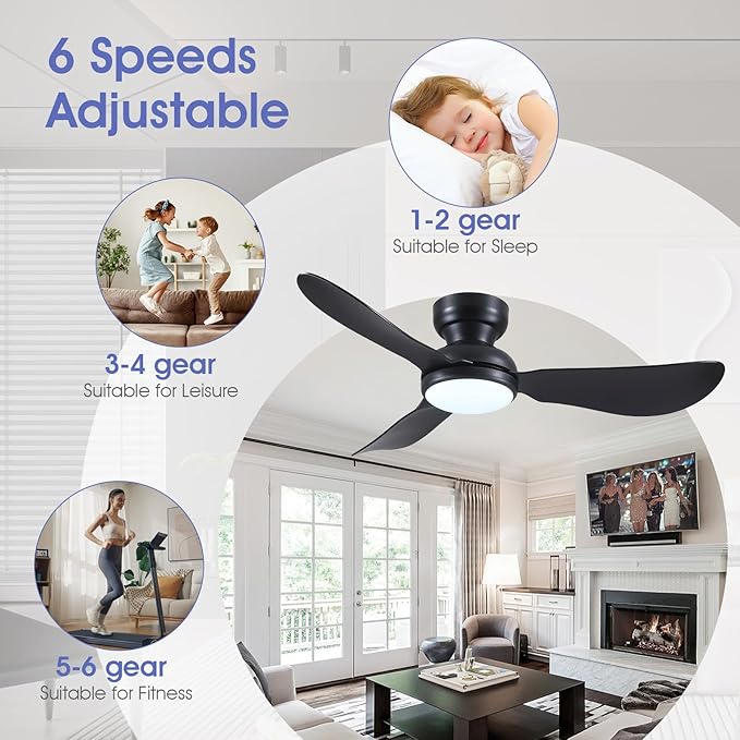 46 Inch Modern Ceiling Fans with Lights, Flush Mount Ceiling Fan with Remote/APP Control, 3 Reversible Curved Blades, 6 Speeds, 3 CCT Dimmable Lights for Bedroom Kitchen, Black