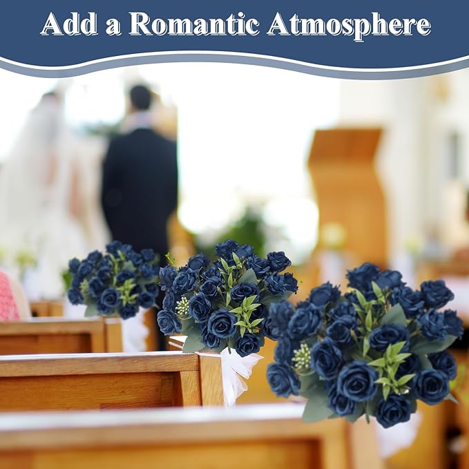 Zeyune 8 Pack 12 Inch Wedding Bouquets for Bride Bridesmaid Dark Blue Artificial Rose Bouquet Fake Silk Roses Flowers Bunches Bulk for Home Office Garden Parties Decoration