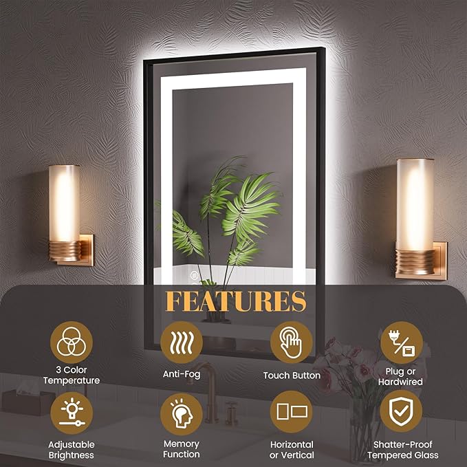 LED Bathroom Mirror,24"x36" Mirror with Black Frame, Front Light and Backlit, Stepless Dimmable, Anti-Fog, Shatter-Proof, Memory, 3 Colors, Double LED Vanity Mirror