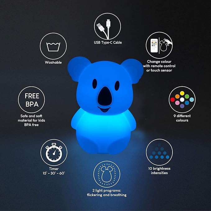 Large Koala Night Lights Kid Bedside Bedroom Light, Nursery Moon lamp, Portable Color Changing Care Lamps - Break Resistant, Eye Caring, Adjustable Brightness & Color and Time Setting - Large
