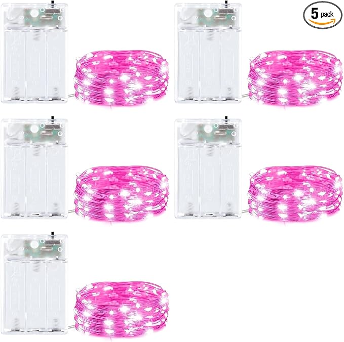 Minetom Fairy Lights Battery Operated, 5 Pack 7 FT 20 LED Fairy Lights with Timer, String Lights Battery Powered, Silver Wire Christmas Light for Bedroom Party Wedding Decorations, Pink