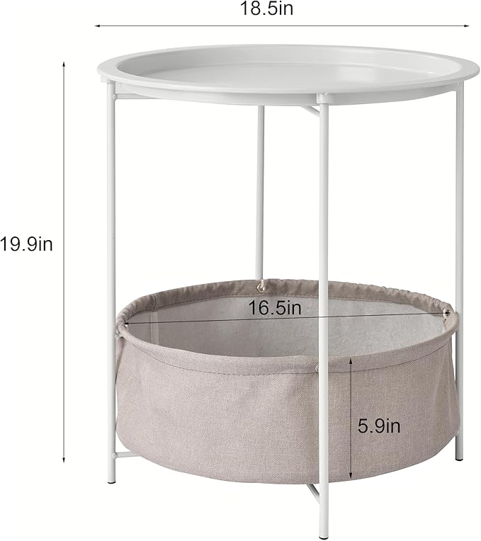 VECELO Round Side/End Table with Fabric Storage Basket，Metal Anti-Rust and Waterproof Small Bedside Nightstand with Removable Tray Top for Living Room，Balcony & Laundry，Beige/2pcs with Basket