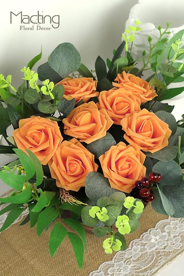 MACTING 60PCS Artificial Flower Roses Real Touch Fake Flowers with Stem Orange Foam Rose for DIY Wedding Bouquet Table Centerpieces Crafts Party Holiday Home Decorations
