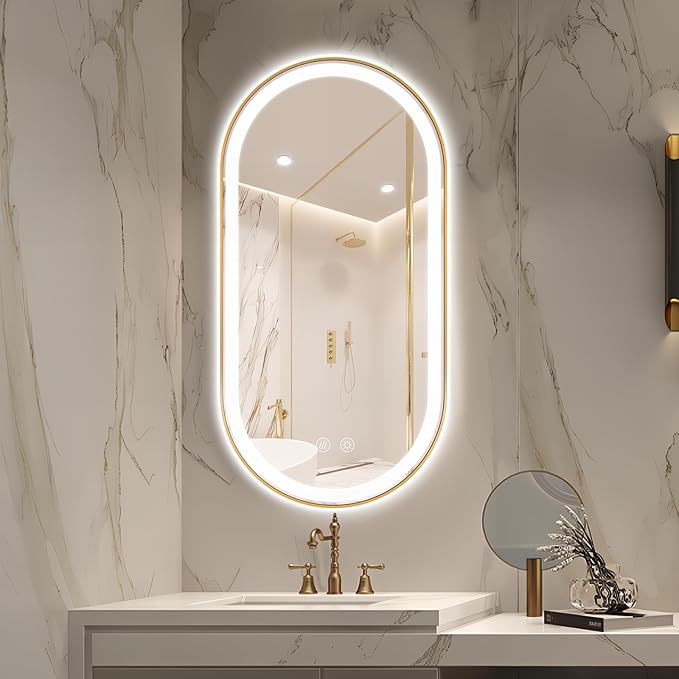 Niccy Oval LED Mirror for Bathroom, 48x24 Front Lit + Backlit Vanity Mirror with Light Anti-Fog, Shatter-Proof, 3 Colors, Makeup Mirrors with Gold Frame (Horizontal/Vertical)