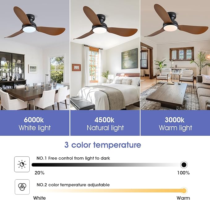 46 Inch Modern Ceiling Fans with Lights, Flush Mount Ceiling Fan with Remote/APP Control, 3 Reversible Curved Blades, 6 Speeds, 3 CCT, Dimmable LED Lights for Living Room Bedroom, Brown