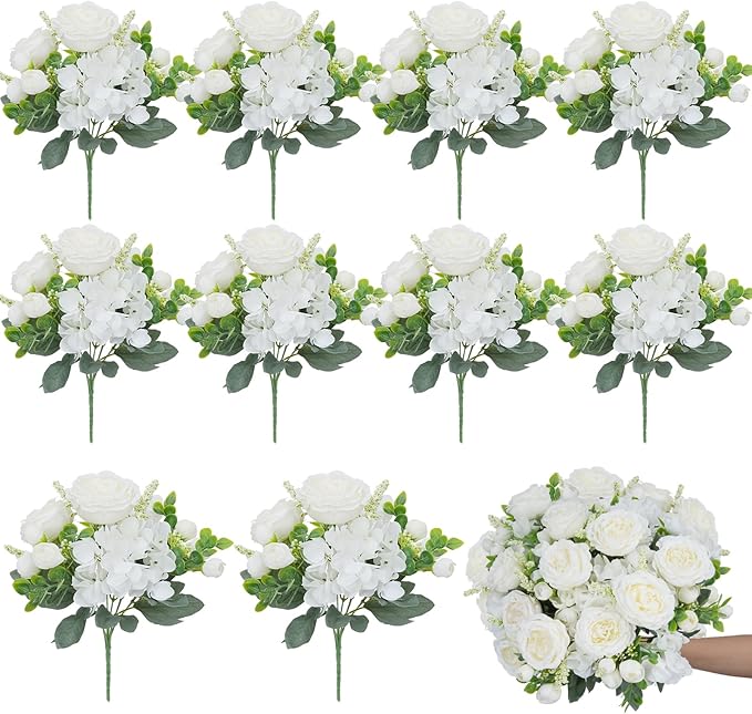 10 Bundles Artificial Peonies, Milky White Hydrangea Artificial Flowers Silk Flowers for Indoor Home Decor Bedroom Kitchen Office Wedding Table Centerpieces