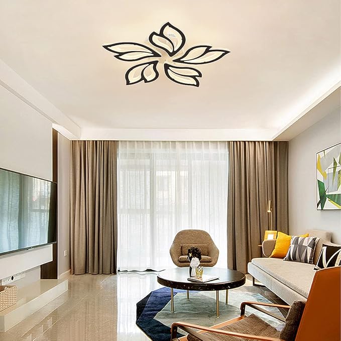 Garwarm LED Ceiling Light Fixture, 60W Modern Leaves Ceiling Lamp Dimmable Black Flush Mount Ceiling Chandelier for Living Room Study Room Dining Room Bedroom
