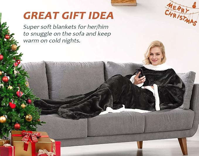 Catalonia Sherpa Wearable Blanket with Sleeves & Foot Pockets for Adult Women Men, Comfy Snuggly Wrap Sleeved Throw Blanket Robe, Gift Idea, Black
