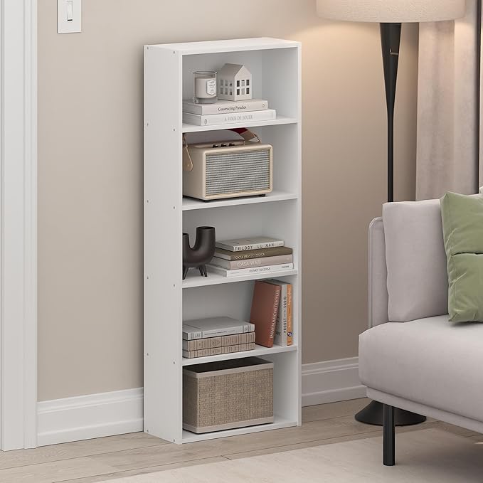 Furinno Basic Book Shelf, 5-Tier Bookshelf, Cube Storage Organizer Bookcase with Open Shelf, 7 x 17 x 44, for Living Room, Bedroom, Home Office, White